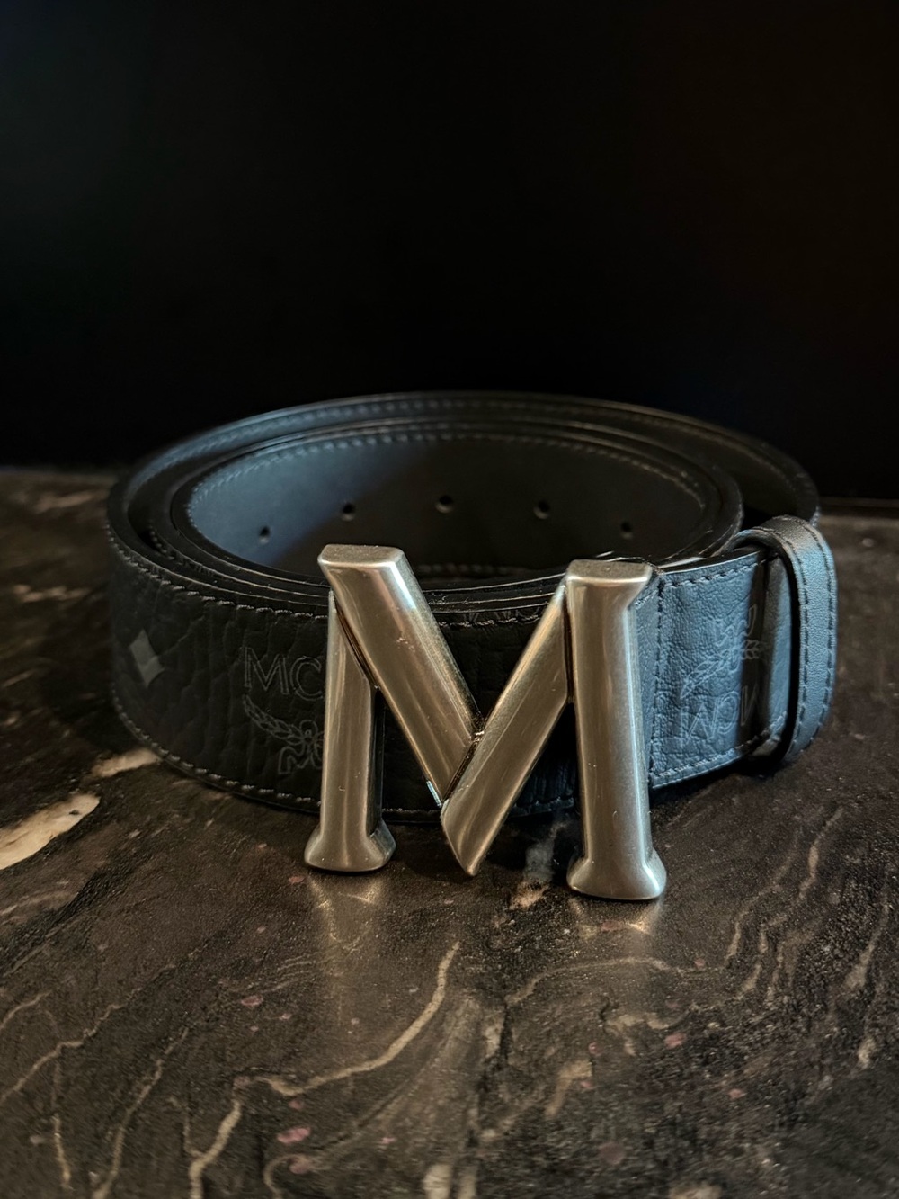 MCM Men's Black Logo Belt with Silver M Buckle